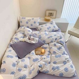 Artistic Blue Flower Bed Four Piece Set of Cotton Sheet Quilt Cover Three in Student Dormitory