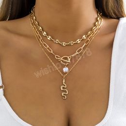 Boho Simple Imitation Pearl Snake Pendant Necklace Women Retro Fashion Gold Metal Multilayer Clavicle Necklaces Girls Jewelry