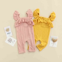 Newborn Infant Baby Girl Fall Cute Romper Ribbed Knit Fly Sleeveless Ruffle Strap Jumpsuit Solid Color Playsuit G220510