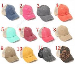 Cross Ponytail Hats Woman Embroidered Washed Mesh Baseball Caps 12 Styles Sunflower Leopard Messy Bun Tie-dye Trucker Hat 300pcs DAW453