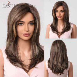 EASIHAIR Straight Synthetic Wigs Medium Length Brown Side Bangs Hair for Black Afro Women Daily Layered Heat Resistant 220525