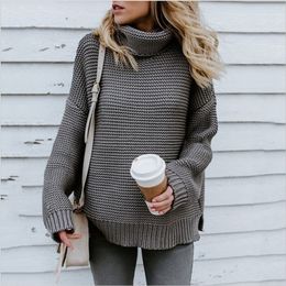 Women s Autumn Winter Fashion Solid Color Loose Long Sleeve Turtleneck Pullover Knitted Sweater LJ201112