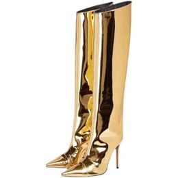 New Women Knee High Shiny Stage Boots Mirror Boots Pointed Toe Leather Tube Shoes Candy Colour 12