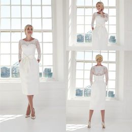 house applique UK - Modern Sheath House Of Mooshki Wedding Dresses Jewel Neck Long Sleeve Satin Tulle Applique Bow Wedding Gowns Tea Length robe de ma346U