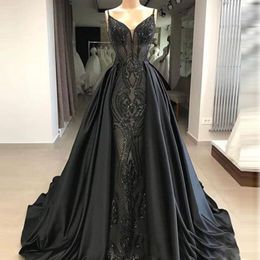 light brown dresses Canada - Black Mermaid Evening Dresses for Women Spaghetti Straps Prom Gowns Lace Detachable Train Party Dresses
