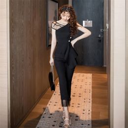 new arrival fashion sets for women summer sexy mesh office lady sleeveless shirt and long pants ruffles slim two piece set