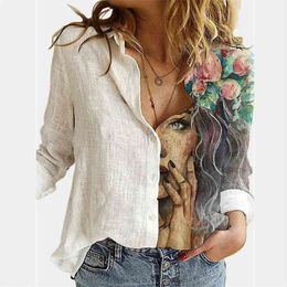 Autumn Women Vintage Print Slub Linen Shirt Blouse Large Size 3XL Trend Office Lady Shirts Female Patchwork Clothings 210401