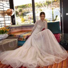 Glitter Dotted Sequined Tulle Wedding Dress Long Sleeves Boho High Neck Bridal Gowns 2022 Champagne Lining Princess Sexy Illusion Country Bride Dresses