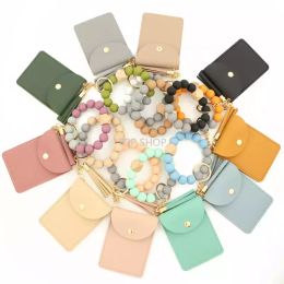 2022 New silicone bead bracelet party Favour solid Colour card bag Key Chain Wallet Leather tassel multi card slot change bag leather card cover EE