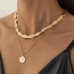 simple necklace set Canada - Pendant Necklaces 2Pcs Set Simple Minimalist Copper Flat Snake Chain Choker Necklace Portrait Coin Set Clavicle Women 2022
