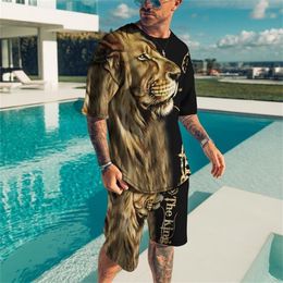 T Shirt Set for Men 3D lion Printed 2 Piece Casual Summer O neck Oversized Sportswear Shorts Men s tracksuit 220621