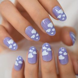 False Nails White Cloud Fake Bule Sky Press On Pre Design Full Cover Oval Glossy Artificial Nail Short For Women Prud22