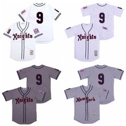 Men 1993 Moive New York Knights Baseball 9 Roy Hobbs Jersey White Grey Team Colour Embroidery And Stitched HipHop Cool Base Cooperstown Breathable For Sport Fans