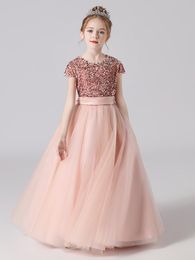shiny flowers girls Australia - Girl's Dresses Pink Flower Girl For Wedding Shiny Sequin A-Line Floor-Length Tulle Long Children Formal Evening GownsGirl's