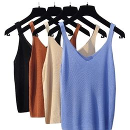 Super Soft Cotton Knitted Tank Tops Women Summer Camisole Vest Simple Loose Ladies V Neck Sexy Strappy Tee A-008 220318