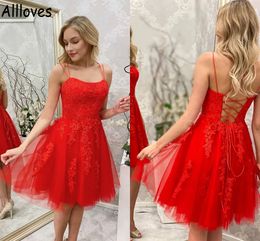 Sexy Red Short Cocktail Prom Dresses With Spaghetti Straps A Line Lace Appliqued Mini Homecoming Formal Wear Criss-cross Back Party Club Dress CL0770