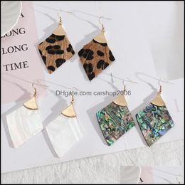 Charm Rhombus Shape Abalone Shell Paper Leopard Leather Charms Earrings Gold Colour Brincos Pendientes Fashion Brand Jewel Carshop2006 Dh5Qo