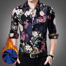 Men's Casual Shirts 3d Flower Leopard Pattern Print Fashion Slim Long Sleeve Shirt Winter 2022 Quality Silk Cotton Plus Velvet Thick Men M-3