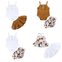 Girls Designer Clothes Kids Suspenders Jumpsuit Skirts Clothing Sets Summer Flowers Printed Tops Shorts Outfits Rompers Harem Knickers Suits Fashion Wear BD7991