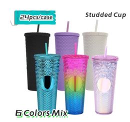 local warehouse studded plastic cup 24oz tumbler mix Colour with Lid Straw Double Walled Reusable Plastic Tumblers 710ml Brandy Diamond Water Bottles