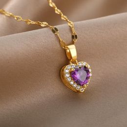 Pendant Necklaces Goth Purple Heart Necklace For Women Gold Stainless Steel Chain Blue Pink Zircon Female Christmas JewleryPendant