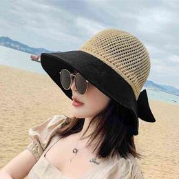 2022 New Summer Wide Brim Floppy Lady Cap Straw Hat Sun Hat Beach Caps Women Hat UV Protect Travel Cap Simple Fashion Lady Cap G220418