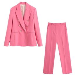 2020 new summer suits women two piece set Pink blazer Buttons & trousers high waist ensemble femme chandal mujer LJ201125