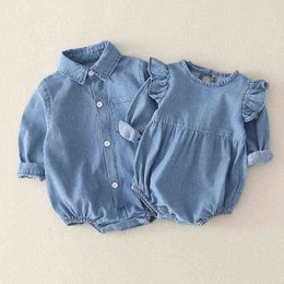 Sister Brother Baby Jumpsuit Clothes Spring Autumn Girls Boys Denim Shirt New Fashion Cotton Infant Toddler Rompers Photo Props G220510