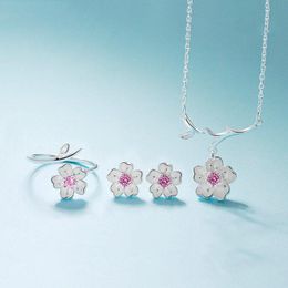 Trendy Cherry Flower Silver Jewelry Sets Friend Gifts Korean Style Charm Women Necklace Earrings Ring Bracelet