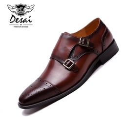 Desai Handmade Genuine Leather Double Buckles Men's Dress Shoes Formal Wedding Office Man Monk Shoes Strap Footwear Breathable Y200420