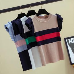 Women's T-Shirt Fashion Brand T Shirts Women Summer Style Sweet Knitted Camiseta Feminina Ladies Tops Striped O-neck Tank Tees Camisa Femini