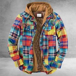 Mens Jackets Men Retro Vintage Spring Winter Long Sleeve Plaid Shirt Jacket For Checked Coat Overcoat Hooded Pocket 9C7O