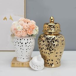 Decorative Objects & Figurines Ceramic General Jar Golden Hollow Bamboo Leaf Pattern Porcelain Ginger Vase Handicraft Ornaments Home Decorat