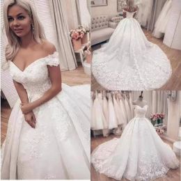 Ball Wedding Dresses Bridal Gown Off The Shoulder Straps Satin Sweep Train Lace Applique Custom Made Plus Size Vestido De Novia 403