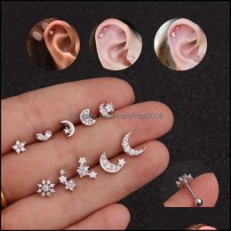 Dangle Chandelier Earrings Jewellery Zircon Star Moon Stainless Steel Flower Small Ear Stud Piercing Earring For Women Dh6Ep