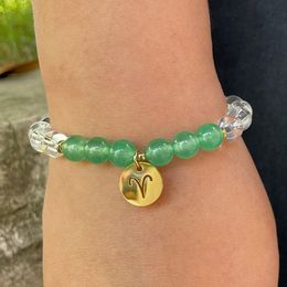 MG1527 Strand 8 MM Green Aventurine Aries Zodiac Bracelet Fashion Womens Clear Quartz Gemstone Bracelets Birthday Stone Wrist Mala Jewelry