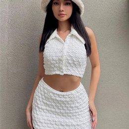 Nibber Two Piece Set Women Harajuku Pure Color Casual Sleeveless Top Mini Bag Butt Skirt Knitted Casual Holiday Party FemaleSuit 220602