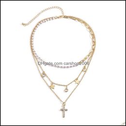 Chains Necklaces Pendants Jewelry Pastoral Retro Geometric Cross Pendant Chain Mti-Layer Combination Hoop Neck Elegant Imitation Pearl Bea