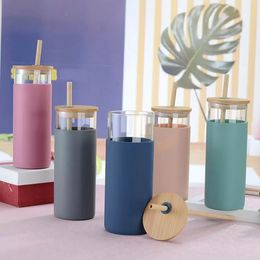 New 20oz Single Wall Tumbler Protective Sleeve Wood Lid Glass Cup Bottle with Straw Outdoor Tea Juice Cup Drinkware