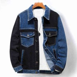 Brand Men Clothing Splicing Denim Jacket Blue Black Colour Mixing Personality Fashion Male Jeans Jacket Coat Plus Size M-5xl Y220803