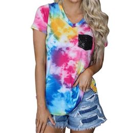 Women's T-Shirt Sexy Tie Dye Print Short Sleeve 2022 Summer Women Multicolor Loose Top Casual V-Neck Tracksuit With PocketWomen's