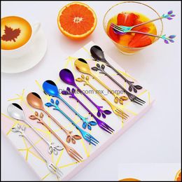 Leaf Branch Coffee Stirring Spoons Colorf Stainless Steel Tree Leaves Fruit Fork Moon Cake Forks Tableware Exquisite Gift Cutlery 3 7Xc Drop