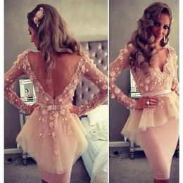 Sheath Gorgeous Pink Evening Dresses Knee Length Peplum Long Sleeves Ribbon Bow D Floral Lace Applique Formal Ocn Wear Prom Tail Party Gowns Vestidos