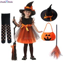 Special Occasions Kid Girls Halloween Witch Costume Carnival Cosplay Dress with Pointed Hat Wand Up Clothes Infant 220826