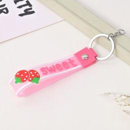 New Creative Strawberry Keychain Women's English Alphabet Soft PVC Rubber Rope Car Key Chain Girl Doll Bag Hanging Accessories 8228