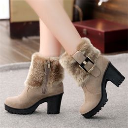 Square heel women winter shoes classic buckle warm fur snow ladies boots high heels black platform ankle boots women botas Y200915