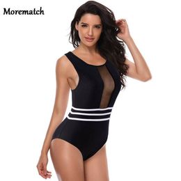 Morematch 2019 Black Blue Sheer lace Sexy Women Swimwear 1pc Swimsuit Female Bather Bathing Suit Swim Halter Monokini T200708