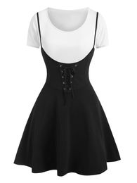 Party Dresses Wipalo Gothic Casual Women Dress Plus Size Two Tone Lace Up Piece Suspender Skirt Set Short Sleeves A Line Vestidos