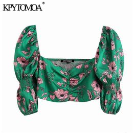 KPYTOMOA Women Sweet Fashion Floral Print Cropped Blouses Vintage V Neck Puff Sleeve Back Stretch Female Shirts Chic Tops 210326