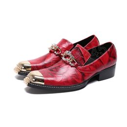 Fashion Metal Square Toe Men Red Wedding Shoes Slip on Men Genuine Leather Party Shoes Mens Dress Shoes